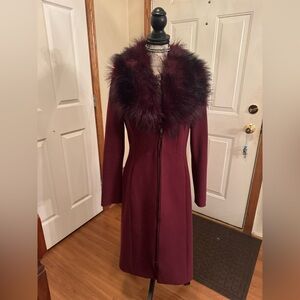 WHBM Elegant Burgundy Coat with Faux Fur REMOVEABLE Collar